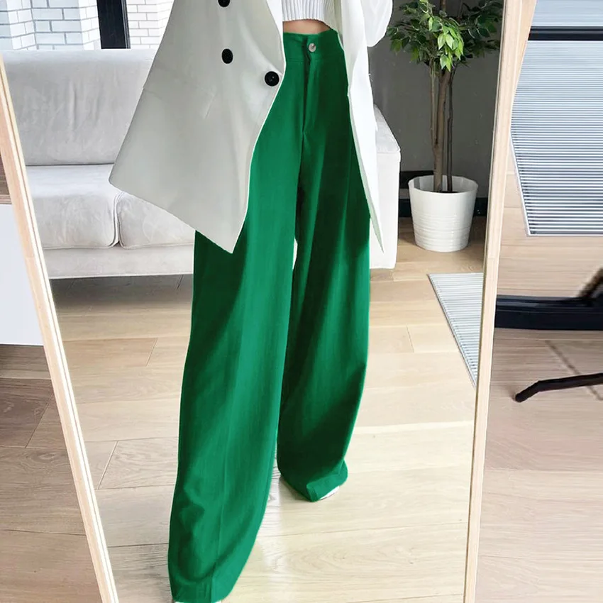 

Autumn Green Casual Womens Trouser Suits Fashion Loose Pleated Office Ladies Pants Vintage High Waist Pants For Women 2023