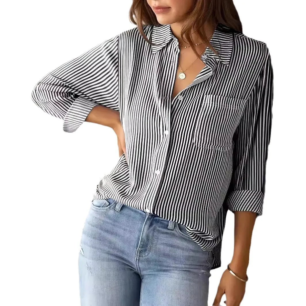 Top holgado a rayas para mujer, Top elegante con solapa de manga larga, Top informal de algodón de gran tamaño, novedad de 2024 Camisas y Blusas