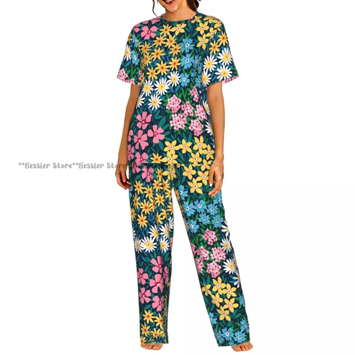 

Женская комфортная пижама: винтажный комплект с цветочным принтом, короткий рукав, для сна