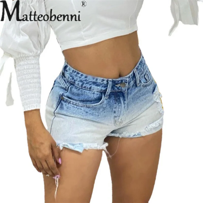 Zomer Licht Blauw Kleurverloop Denim Shorts Mode Vrouwen Dagelijks Casual Streetwear Gebroken Gat Mid-Taille Drie-Kwart broek Vrouwelijke