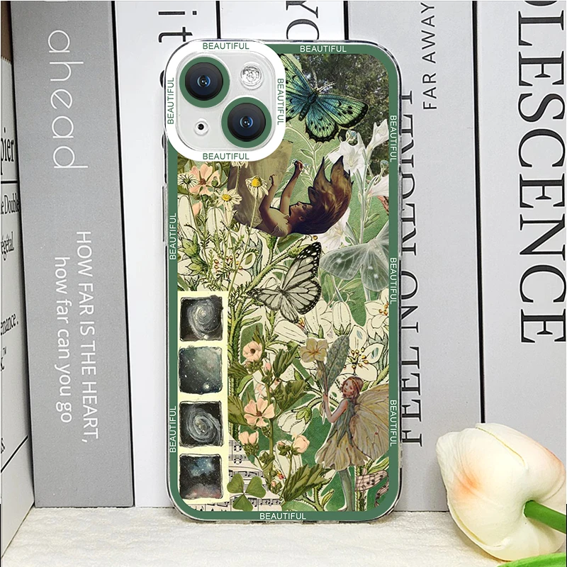 Green Retro Flower Stickers Phone Case for IPhone 16 11 12 13 Pro Max Mini 7 8 16 Plus SE20 X XS XR Soft TPU Clear Covers Fundas
