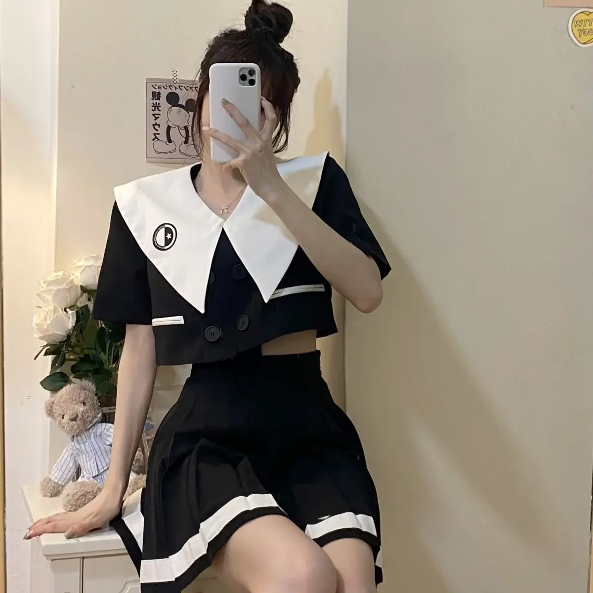 Imagem -03 - Blusa de Seios Duplos e Saia Plissada de Cintura Alta Feminina Doce Estilo Preppy Conjunto Japonês jk Novo Verão 2023