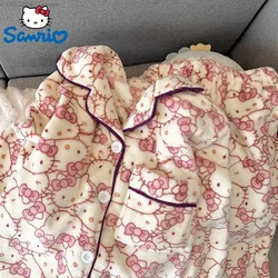 Sanrio Hello Kitty Fluffy Plush 2 Pcs Pajamas Sets Women's Autumn And Winter Thickened Cotton Pyjamas Set Homewear Casual Set