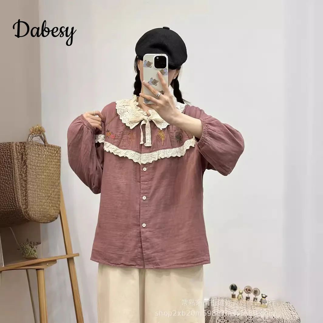 Japan Style Mori Girl Cotton Linen Shirt Women New Vintage Embroidery Ruffles Collar Patchwork single-breasted blouses Loose Top