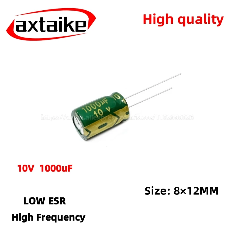 

50 шт. 10V1000uF алюминиевый конденсатор, высокочастотный низкий ESR 105 ° C Радиальный для источника питания/солнечного инвертора Размер: 8×12 мм