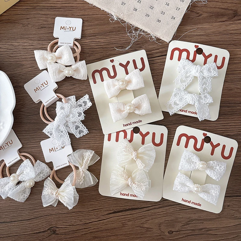 Korean Sweet Lace Bowknot Hair Clip for Baby Girls Versatile Beige Fairy Bangs Edge Hair Rope Elegant Pearl Bangs Edge Hair Pin