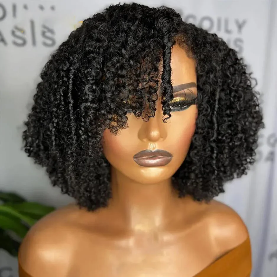 

16" Short Bob 180 Density Natural Black Kinky CurlyGlueless Baby Hair Lace Front Wig For Women With Preplucked Fashion Daily Wig