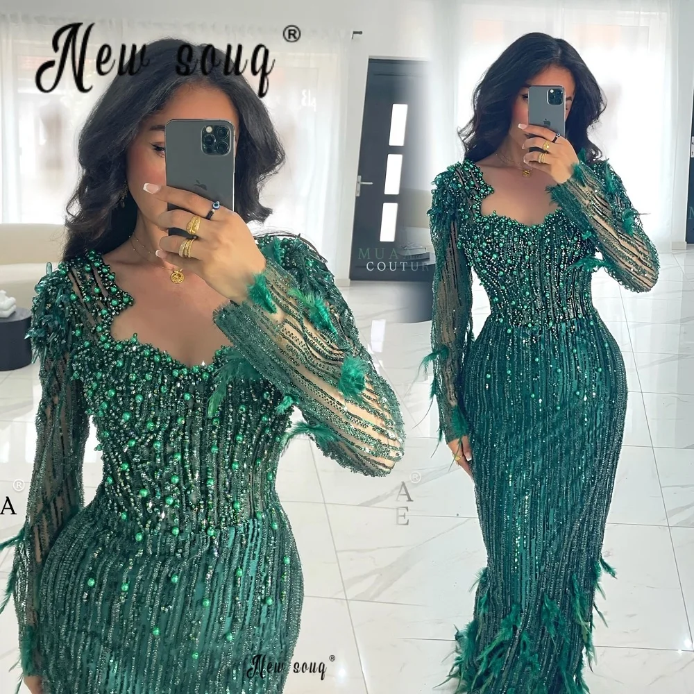 Maßgeschneidertes Saudi-Arabien-Partykleid, smaragdgrüne Federn, Hochzeitsgastkleider, lange Meerjungfrau-Abschlussballkleider, Gala-Kleider für den roten Teppich