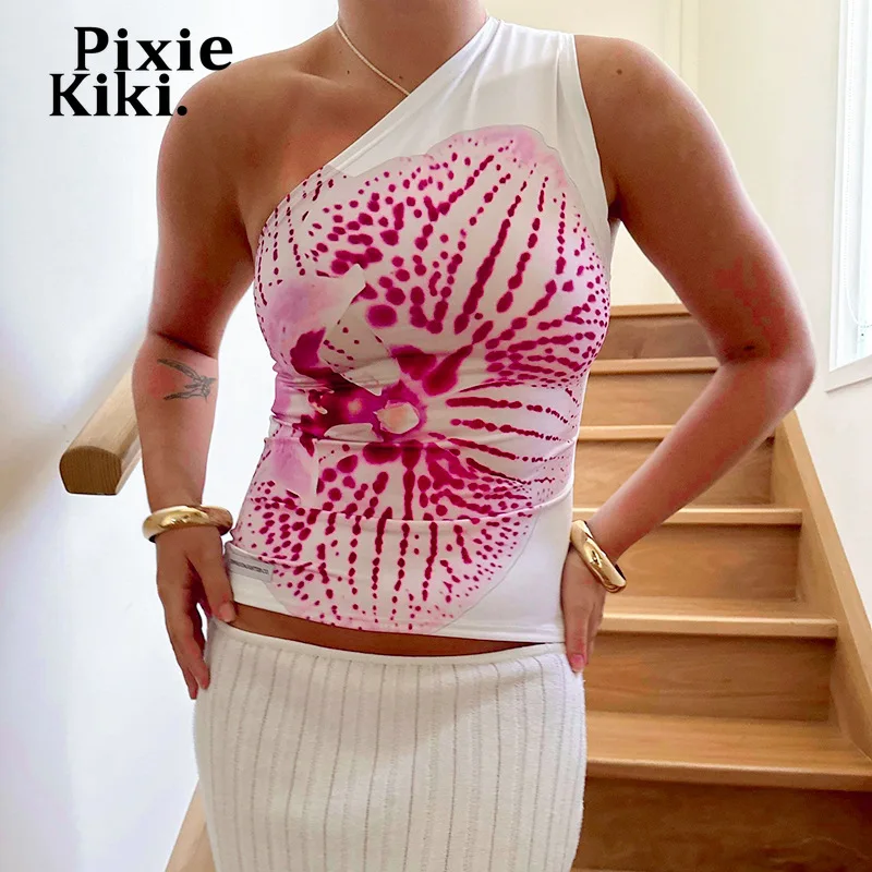 PixieKiki Floral Print Fitted Tops Women Resort Wear Graphic Tees Summer 2024 Casual One Shoulder Backless Tank Top P85-AC10