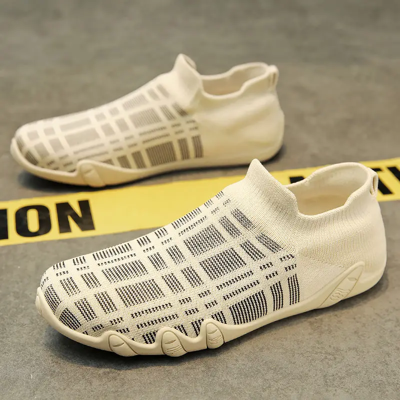 New Summer Men Stripe knit Breathable Shoes 2024 Autumn Casual Flat Shoes Male Soft Bottom Sweat-absorbing Leisure Shoes Loafers