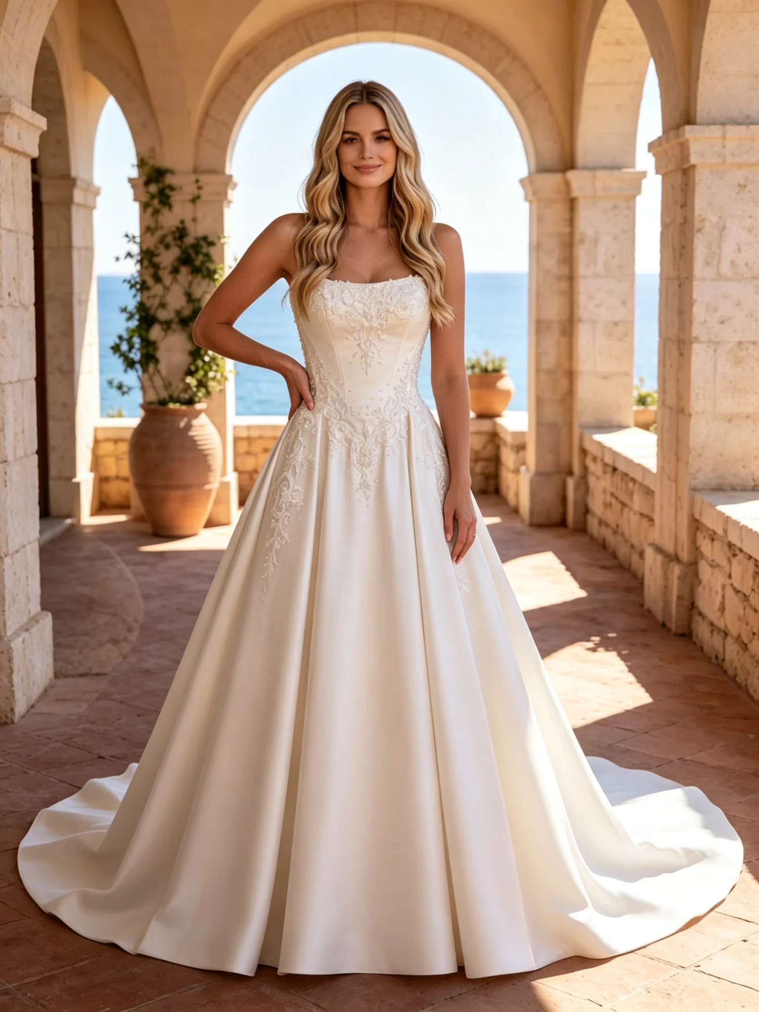 Square Neck Strapless Beaded Bridal Gown Satin Ball Gown Wedding Dress Lace Appliques Lace Up Back Chapel Train Custom Made