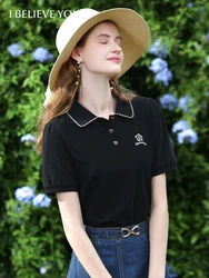 I BELIEVE YOU Women's T-shirt Bead Embroidery Polo Short-sleeve 2024 Summer New Breathable Soft Simple Female Tees 2242015715