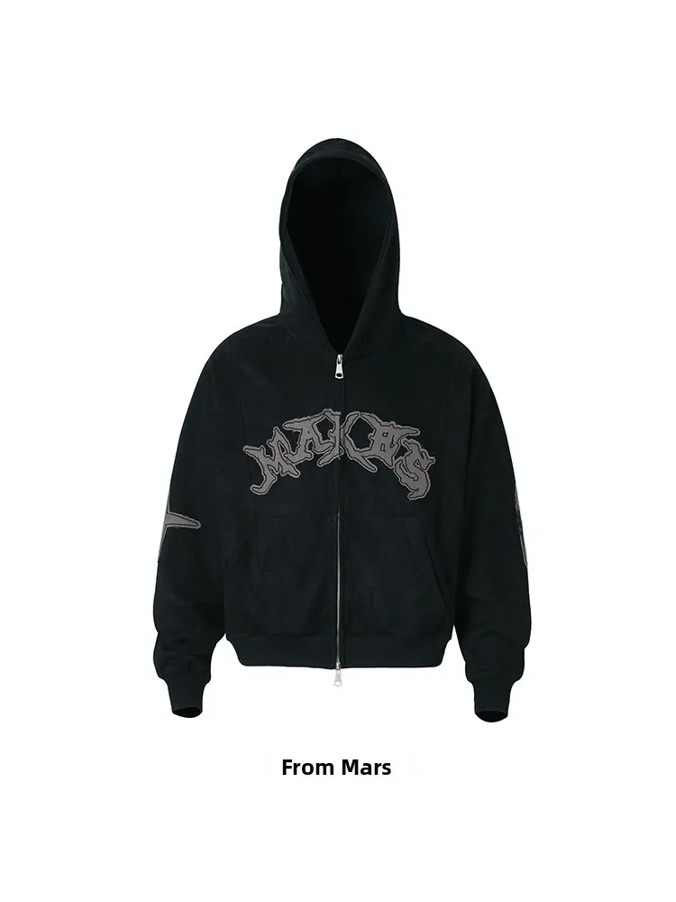 سترة هودي رجالية من مارس أمريكان بتصميم ريترو مع تطريز حروف وسحاب من الجلد المدبوغ، معطف شتوي أنيق بتصميم ياقة #2