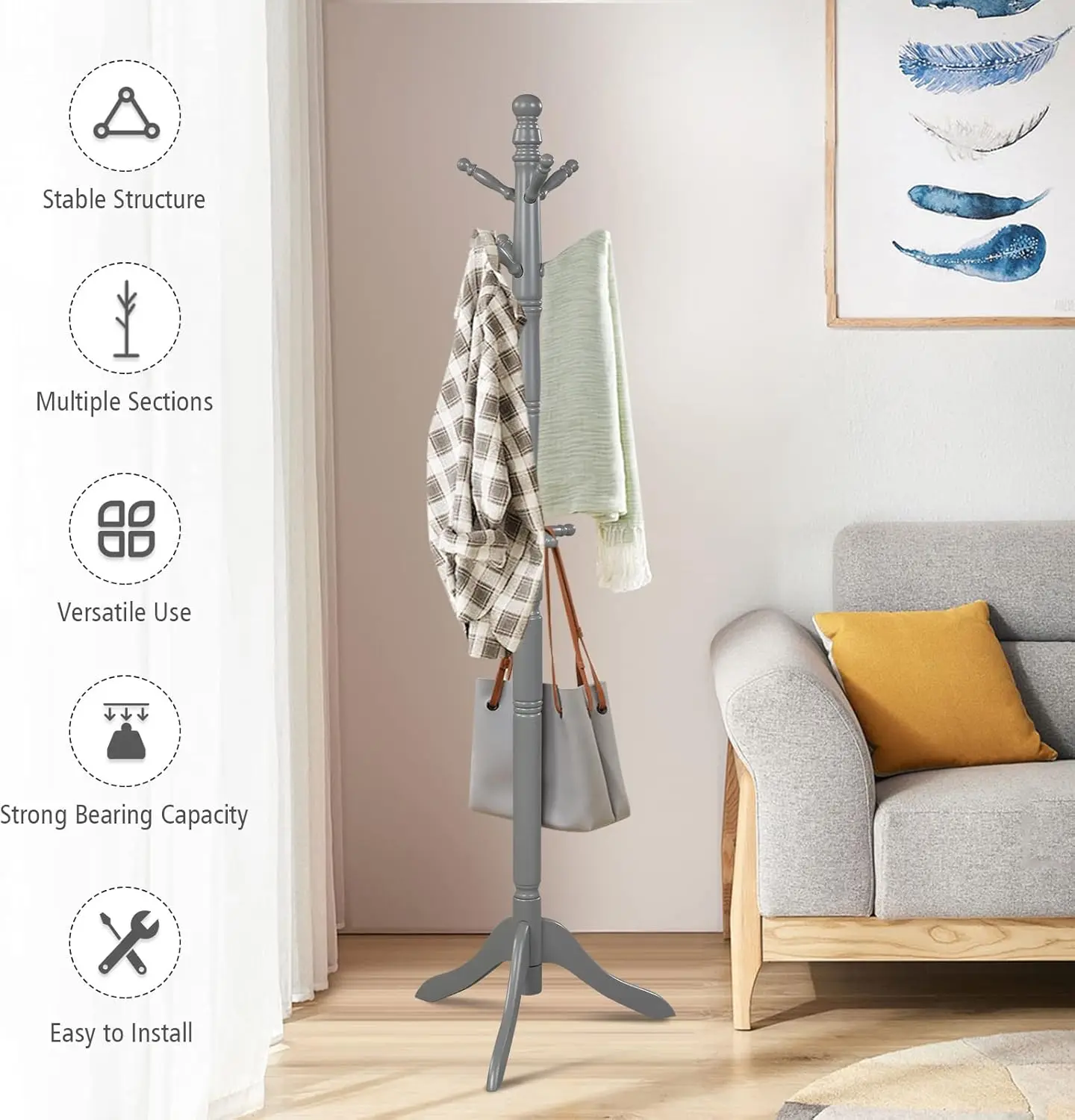 

Tangkula Wood Coat Rack Freestanding, Entryway Height Adjustable Coat Stand With 9 Hooks & Stable Tri-Legged Base, Rubber Wood