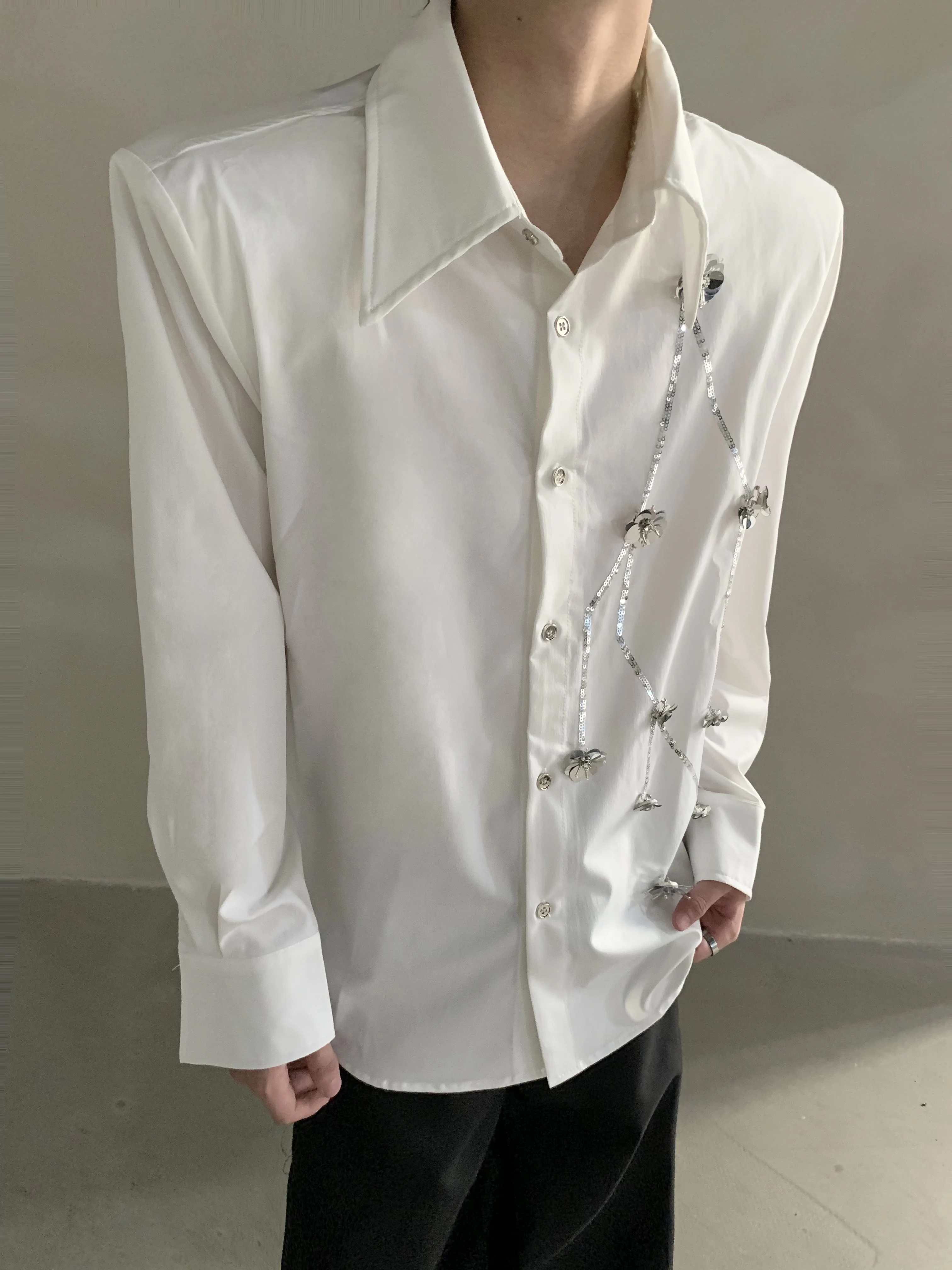 2025 Fashion Trend Light Luxury High-End Three-Dimensional Bead Flower Long Sleeve Shirt Handsome Loose Casual Shirt for Men
