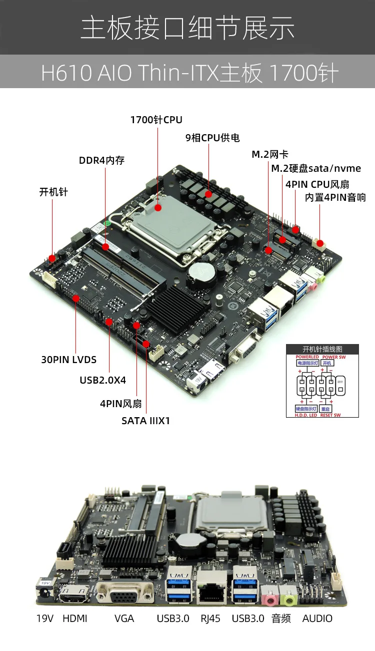 H610 AIO Thin ITX Motherboard LGA 1700 for Core 12tn Gen 13th Gen CPU 17X17 Thin Mini-itx Motherboards