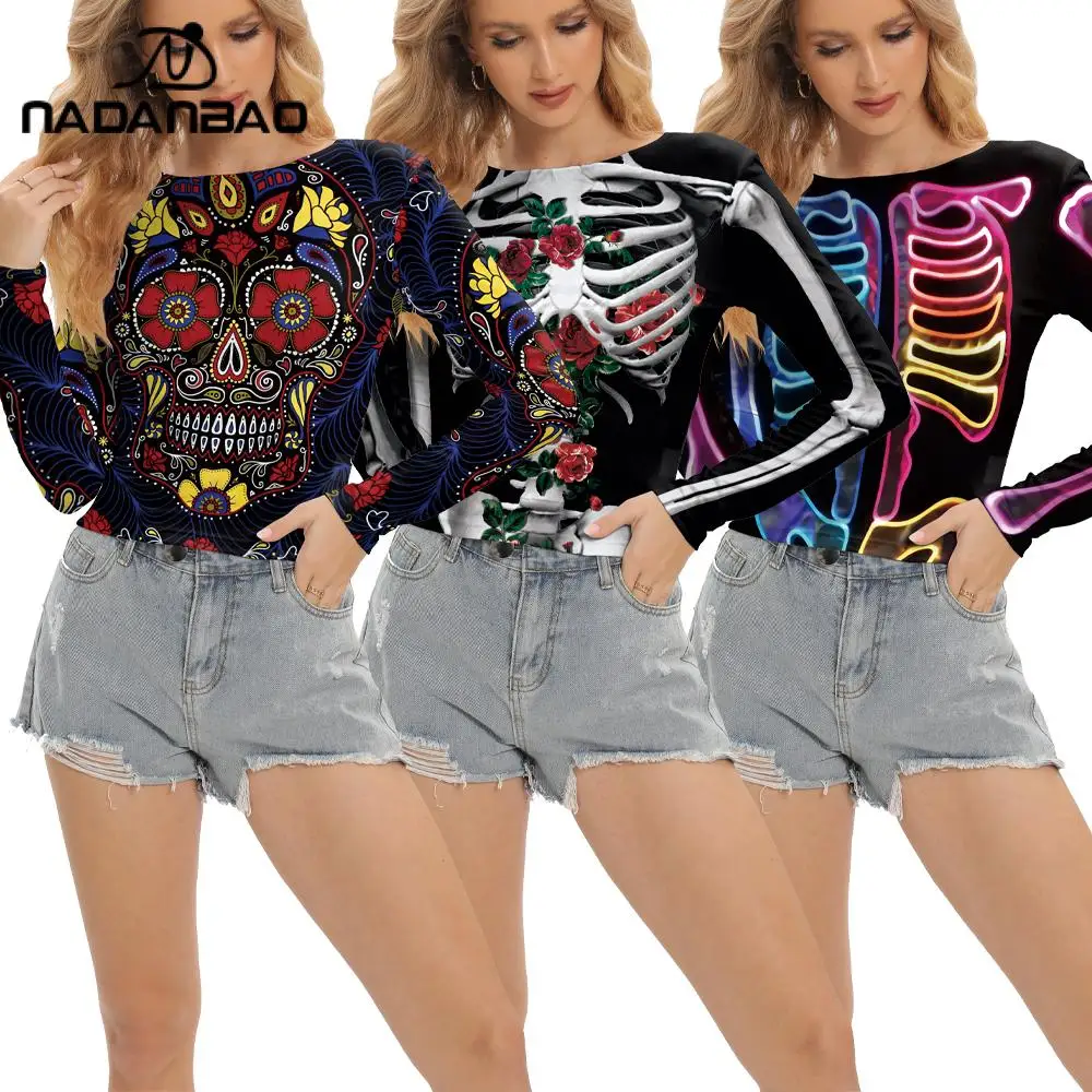 Nadanbao Sexy Women Top See Through Transparent Mesh Long Sleeve Ladies T-Shirt Rose Skull Print Top Basic Tops for Women