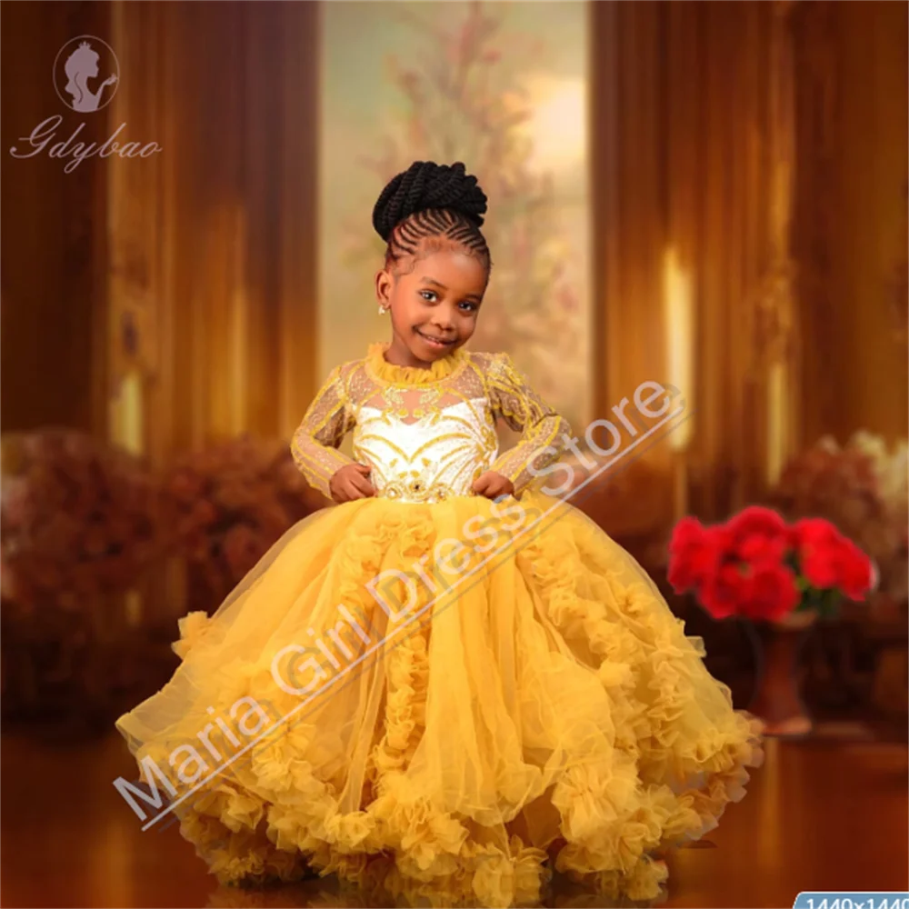 

Elegant Prom Dress Fluffy Long Sleeve Pleated Flower Girl Dress Suitable For Children's Wedding Birthday Long Banquet