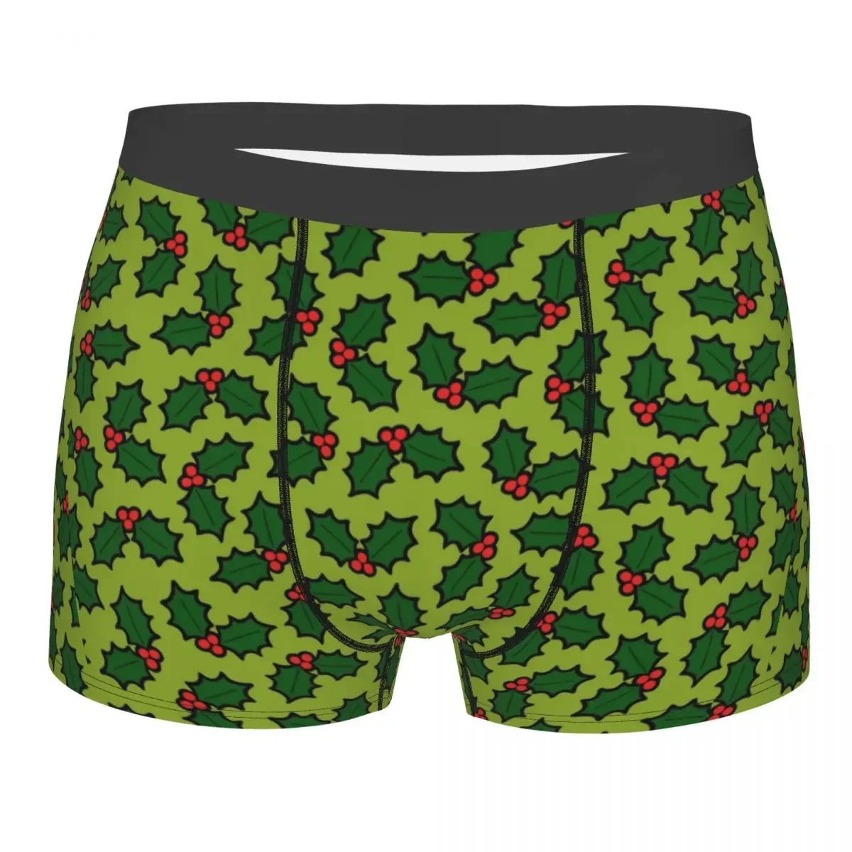 Fashion Boxer Shorts Panties Men's Green Holly Leaves And Berries Pattern Underwear Soft Underpants for Homme S-XXL