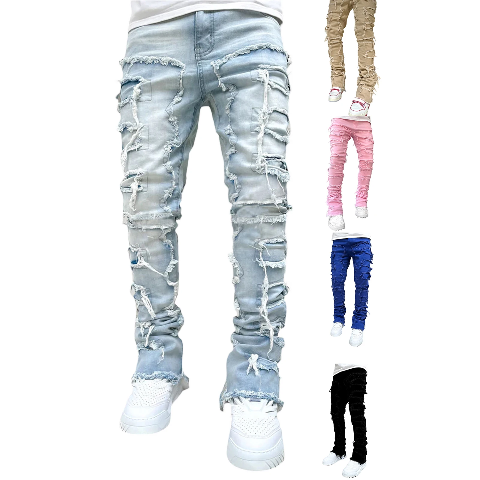 

Men's Regular Fit Stacked Jeans Patch Distressed Destroyed Straight Denim Pants Streetwear Clothes Casual Jean Pants