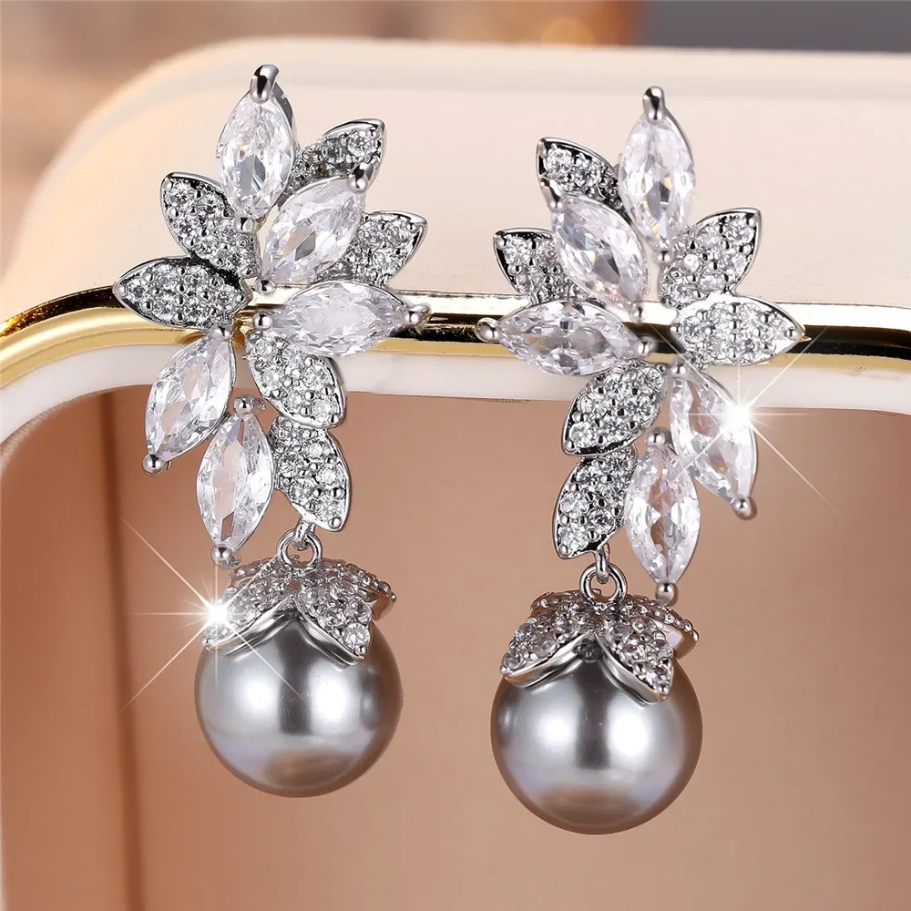 Korean Style Light Luxury Sparkling Horse Eye Diamond Gray Pearl Earrings Long, Face Enhancing Small Pearl Jewelry Accessories