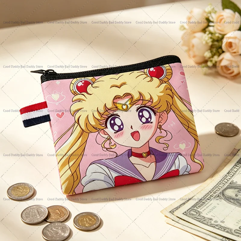 Niedliche Sailor Moon Münzbörse aus leichtem Canvas mit Reißverschluss, kleine Geldbörse, tragbarer Mini-Aufbewahrungsbeutel für Münzen, Karten und Schlüssel.