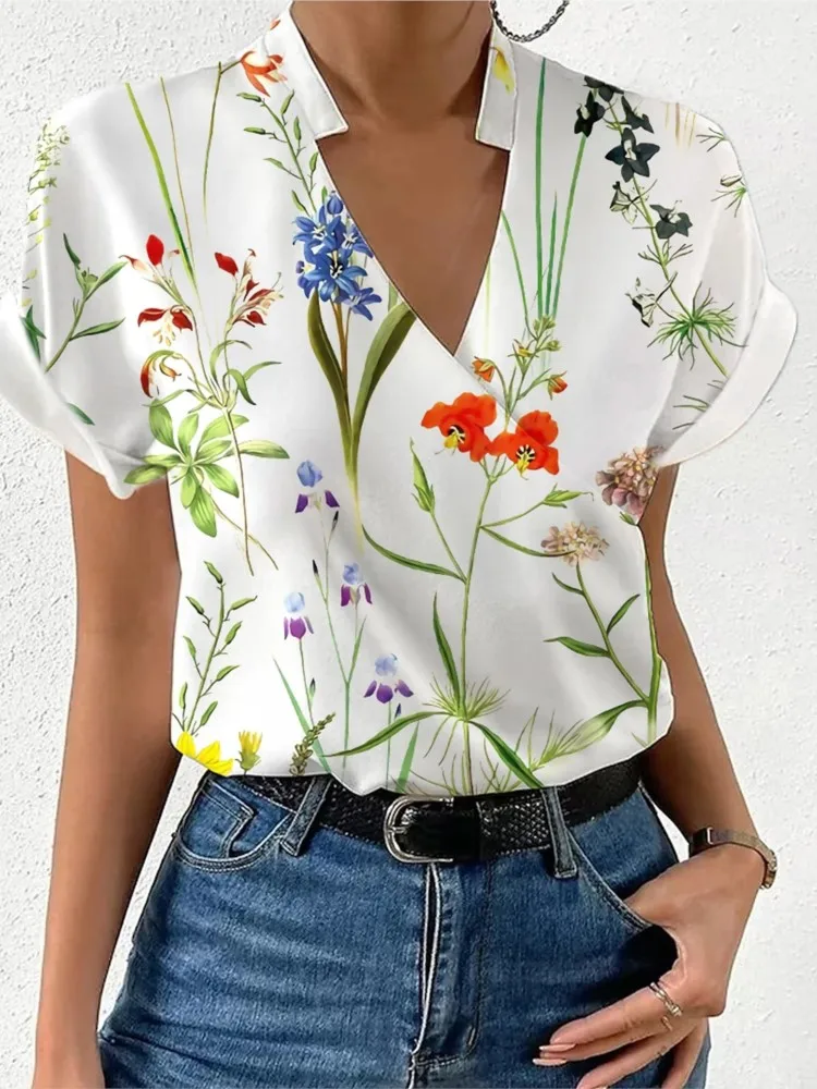 Shirts For Women 2023 Summer Loose V-neck Stand Collar Print Tops And Blouses Blusas Elegantes Finas Para Mujer Casual T Shirt