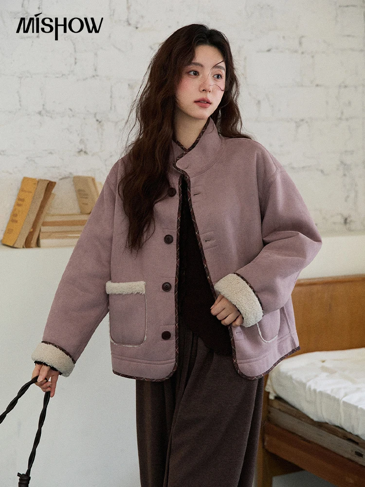 MISHOW Cappotti viola da donna 2025 Inverno di lusso Colletto rovesciato Giacca double face Decorazione tascabile Giacca antivento MXE87W0940