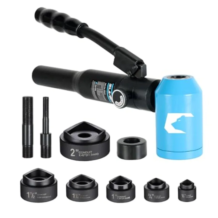 

Hydraulic Knockout Hole Punch Driver Kit KO Tool Punch Driver Set Conduit Hole Cutter with 6 Dies 8 Ton 1/2" 3/4" 1" 1-1/4" 1-1