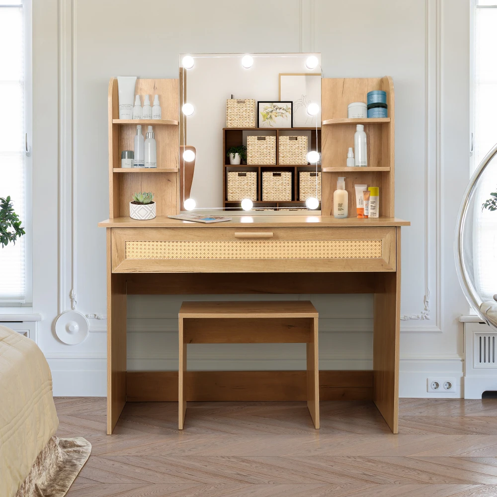 

Makeup Desk Vanity with LED Lighted and Stool, Vanity with Drawer and Compartments, Wood Cosmetic Table Chest of Drawers,Vanity