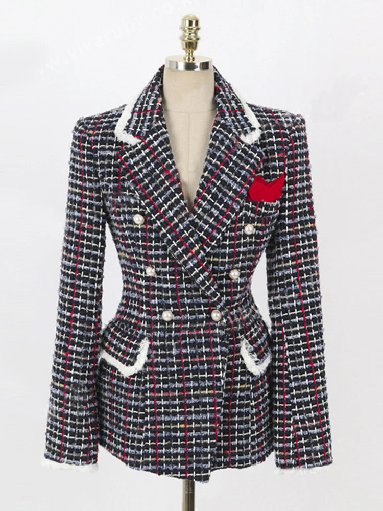 Moda elegante donna Tweed Outwear Casual retrò Plaid doppio petto bottone perla Lady Femme Mujer autunno inverno giacca cappotto