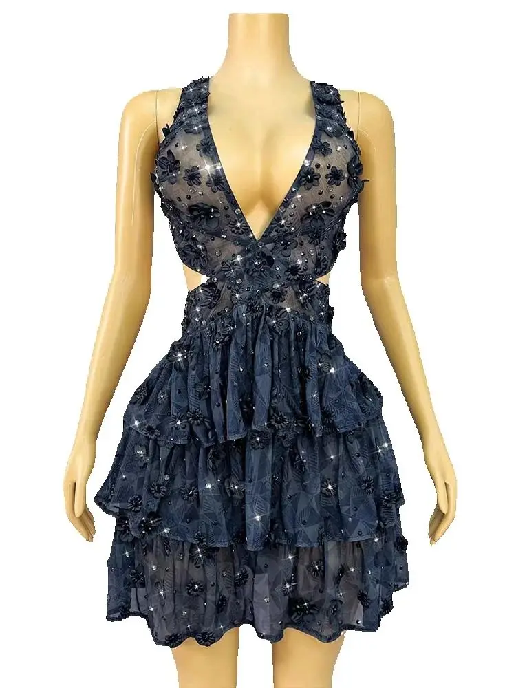 

High Quality Hot Stamping Sexy Mesh Three-Dimensional Decal Hanging Neck Dress 2025 New Fashion Custom Women'S Clothing