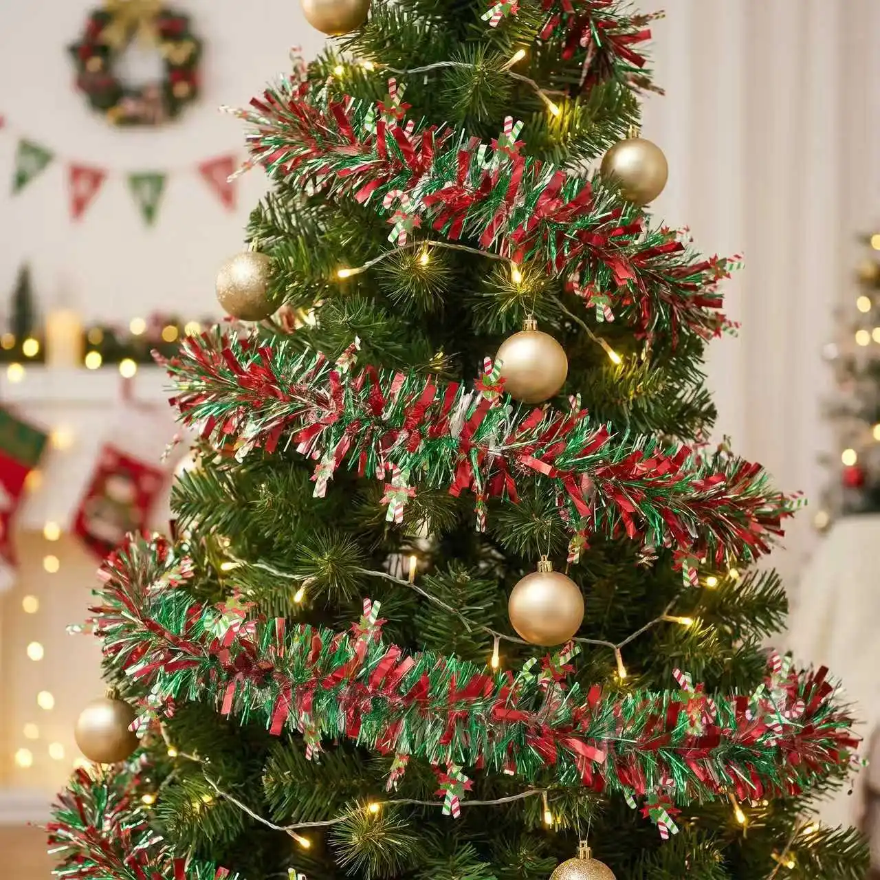 2M クリスマスティンセルガーランド 虹色の赤緑メタリックテ - Tinsel Garland Decoration のレビューと価格