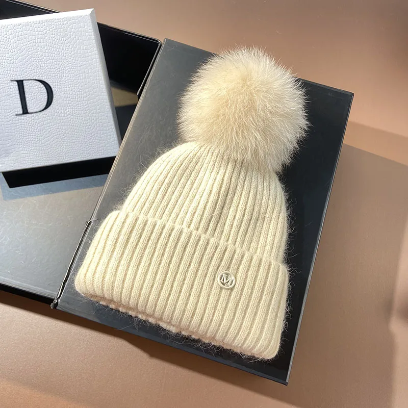 Letter Winter Hat Women Natural Mink Pom Pom Beanies fox Fur Pompoms Knitted Hat Fashion Ear Protection Luxury Wool Hat