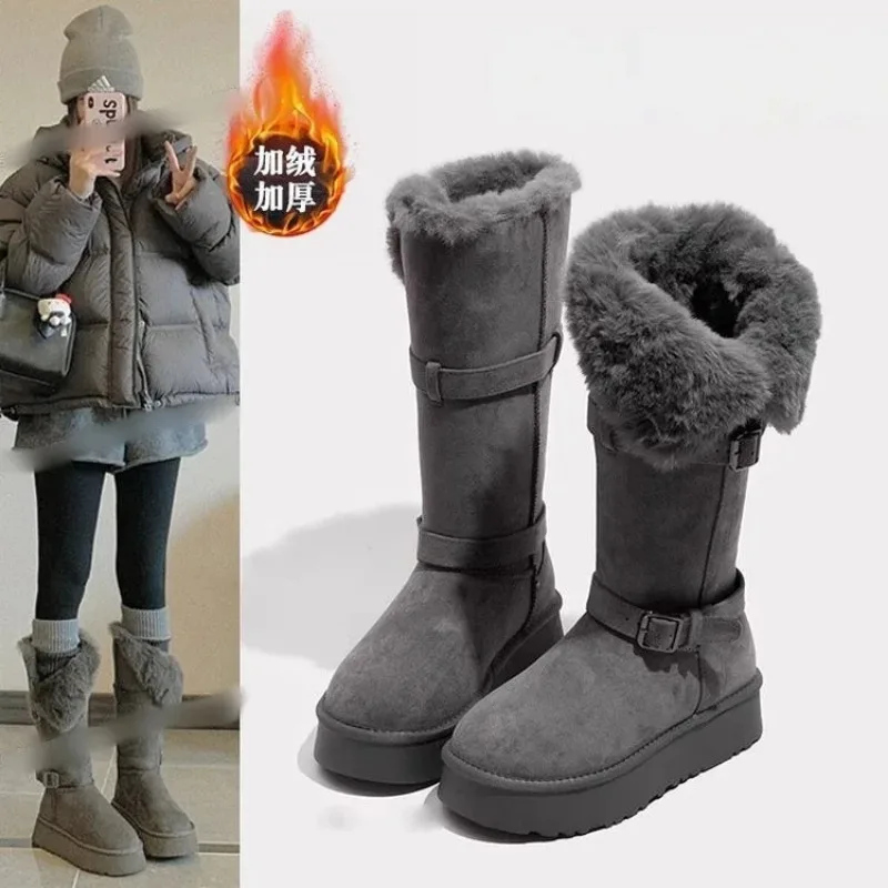 Botas de nieve de tubo largo de suela gruesa para mujer en invierno 2026 nuevos zapatos de algodón cálidos plegables de doble uso de tubo alto