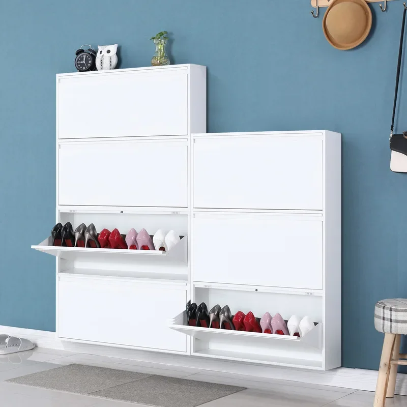 Shoe cabinets are housed at the door of the house. Modern simple tipping bucket thin steel shoe cabinets