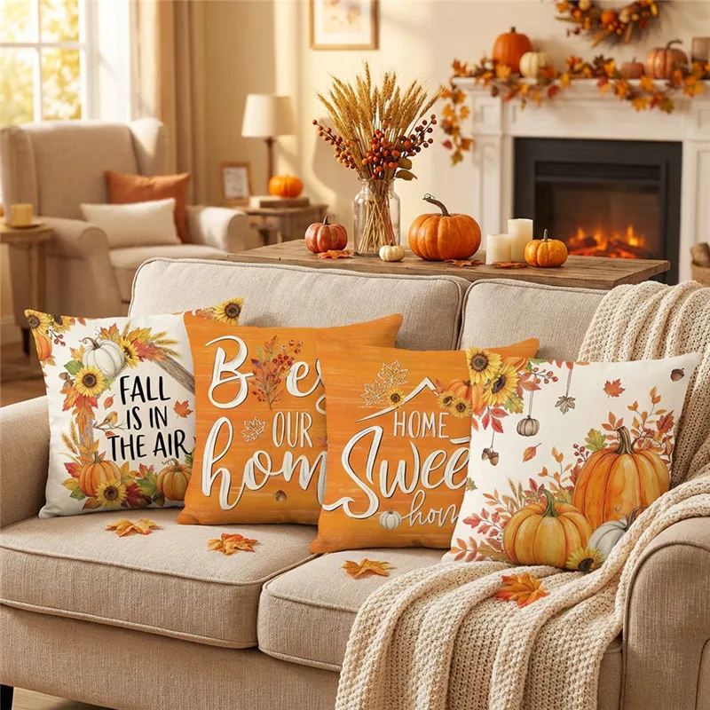 Fall Harvest Throw Pillow Cover Pumpkin Sunflower Maple Leaf Printed Square Cushion Case Thanksgiving Decor Pillowcase for Sofa