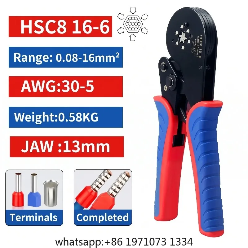 HSC8 16-6 Ferrule Crimping Tool Tubular Terminal Crimper For Large Size Terminals Electrical Clamps 0.08-16mm²/30-5AWG Plier