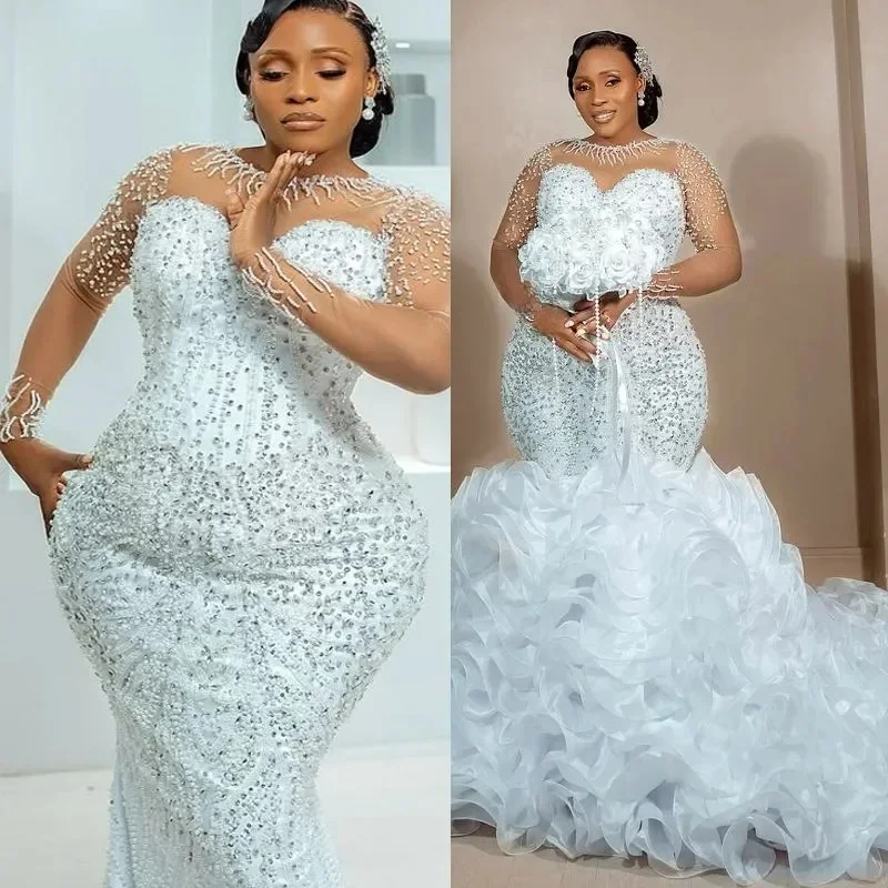 

Customized Plus Size African Wedding Dress Bridal Gowns For Bride Detachable Train Mermaid Illusion Sheer Neck Appliqued Beaded