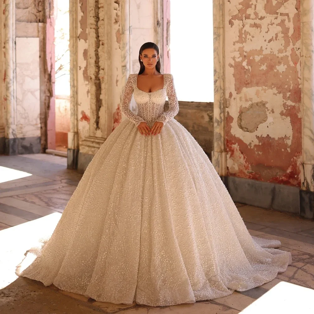 

Sparkly Pearls Lace Appliques Wedding Dress Modest Graceful Long Sleeve Bridal Gown Customized Dreamy Princess Dresses For Bride