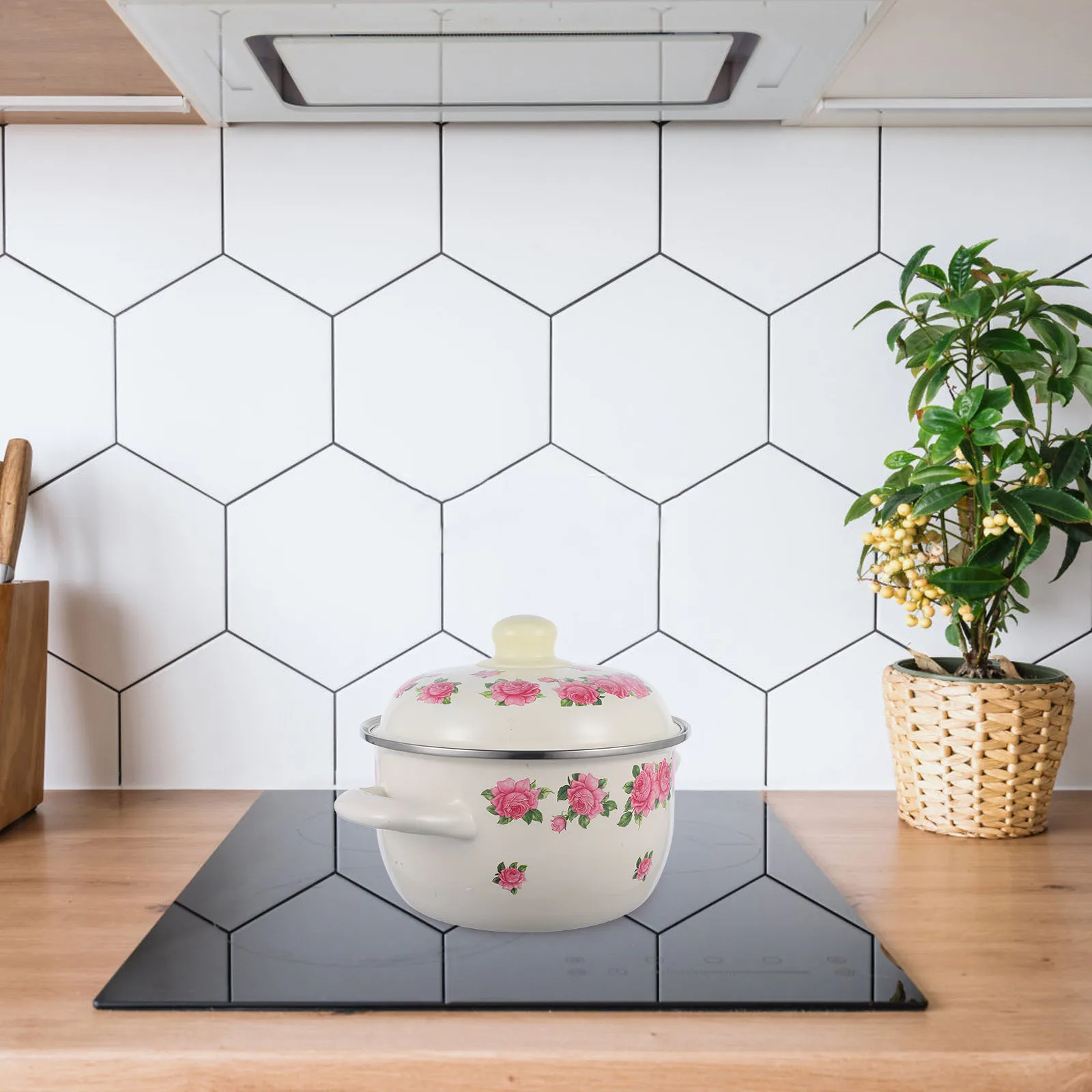 

Floral Pattern Enamel Stock Pot with Handle Covered Small Cooking Pot for Boiling Milk Soup Stew Oven Safe Kitchenware Utensil