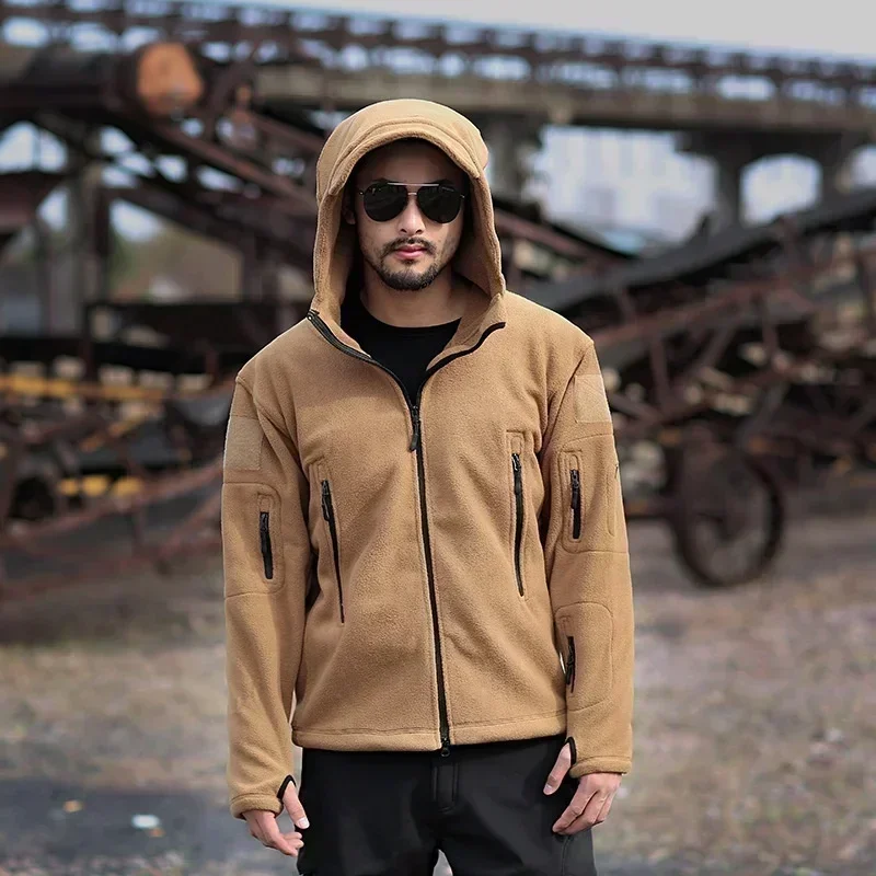 Zimowa kurtka polarowa Męska wojskowa kurtka taktyczna Solidne ciepłe płaszcze polarowe z kapeluszem Outdoor Sports Combat Hiking Polar Jacket — zdjęcie 5
