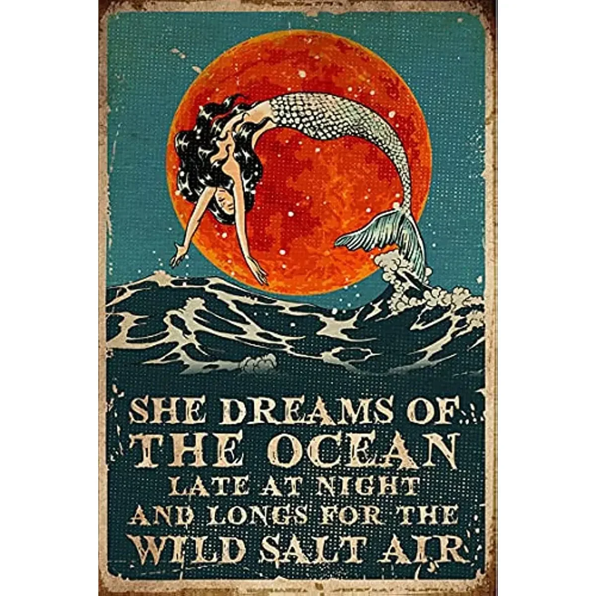 Dreacoss Vintage Tin Sign Mermaid She Dreams of The Ocean Mermaid Mermaid Lover, Girl Ocean Wave Aluminum Sign Wall Art Decor