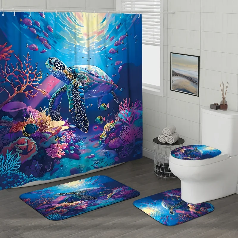 1/4pcs Blue Ocean Sea Turtle Coral Fish Shower Curtain Set, Tropical Coastal, Bathroom Carpet, U-shaped Mat, Toilet Seat Cover,