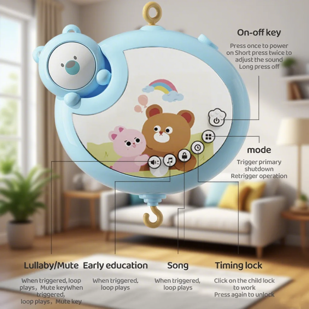 Zabawki do zawieszenia na łóżeczku dziecięcym, z grzechotkami i różnymi ozdobami do zawieszenia, wspomagają rozwój wzrokowy i słuchowy dziecka.