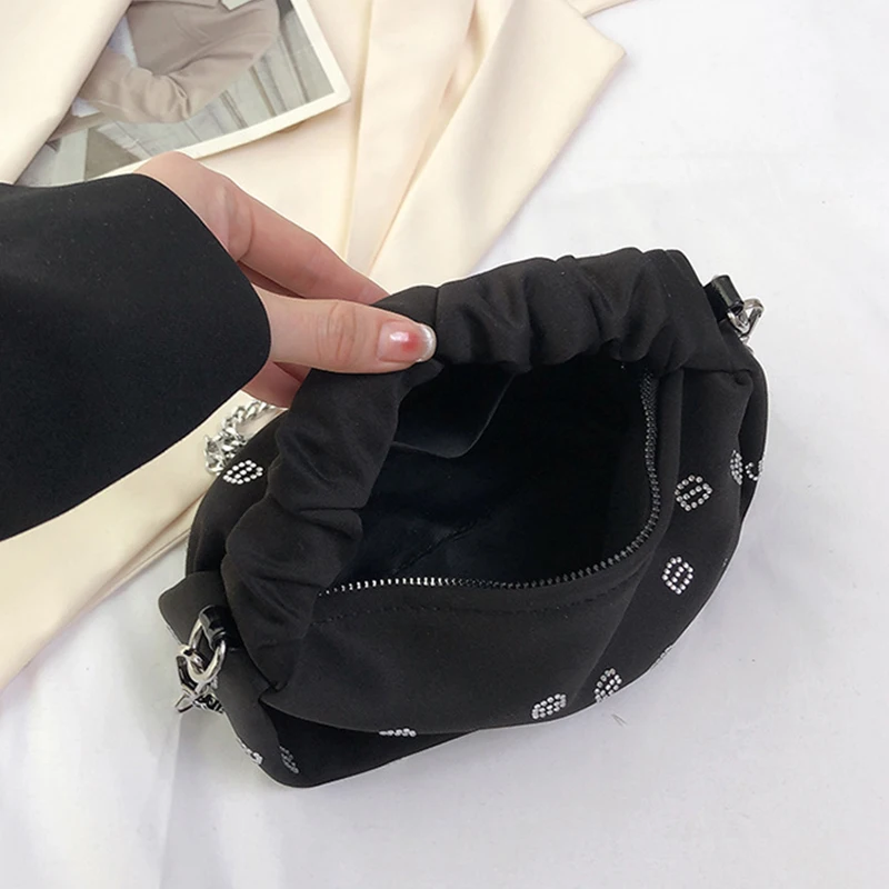 New Rhinestone Pleated Handbag Shoulder Bag Women 2024 Chain Strap Versatile Commuter Underarm Bag Handbag Small Square Bag Girl