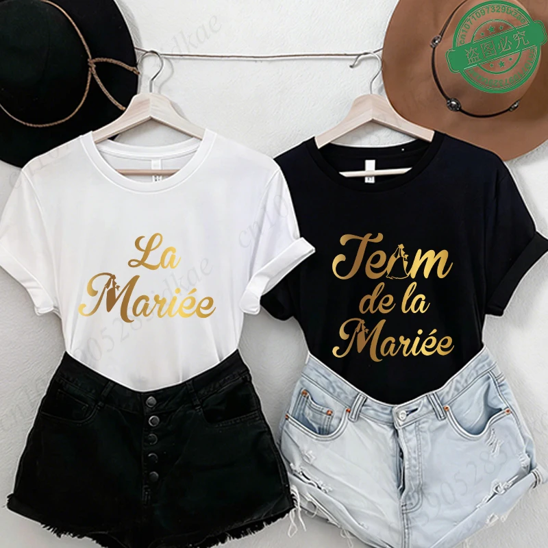 French Bachelorette EVJF Party T-Shirts Future Bride Team Gold Foil Print O Neck Short Sleeve Graphic Tees for Bridal Shower