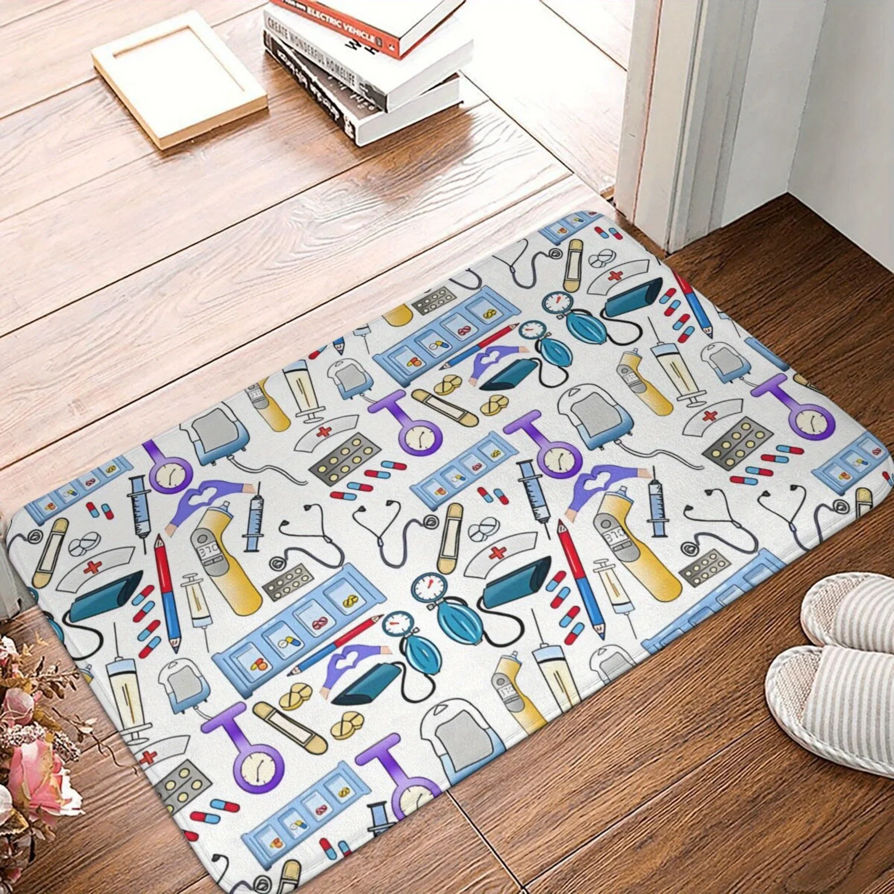 Cute Medical Tools Pattern Bath Mat Rug for Bathroom Floor Mat Washable Cartoon Doctor Nurse Gift