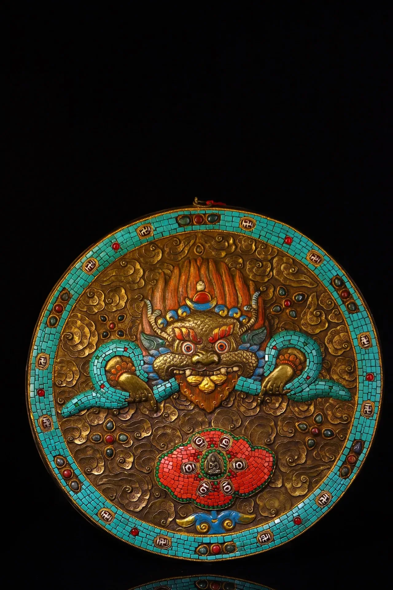 

17"Tibetan Temple Collection Old Tibetan Silver Gilded Mosaic Gem gZi Beads Turquoise Garuda Dhwaja Buddha Head Thangka Amulet