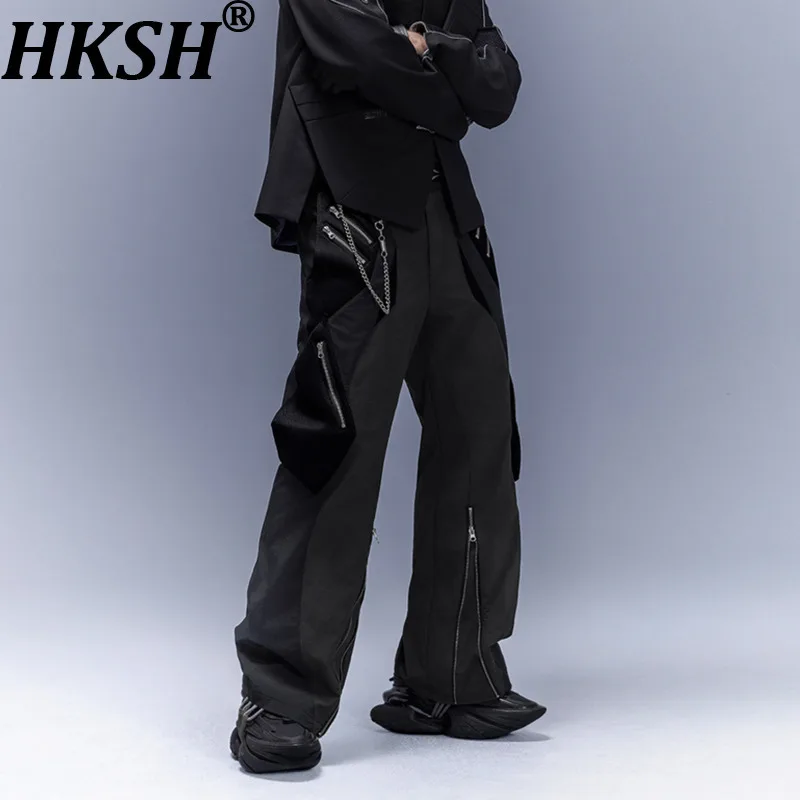 HKSH Autumn Winter Men Tide Dark Slightly Stretchy Pocket Zipper Slim Adjustable Wide-Leg Cargo Pants Punk Chic Techwear HK15883